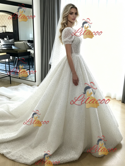 White Ball Gown Puff Sleeve Wedding Dress