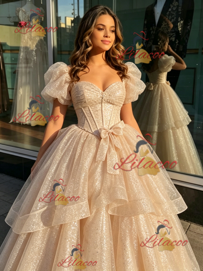 Champagne Sequins Puff Sleeve Quinceanera Dress