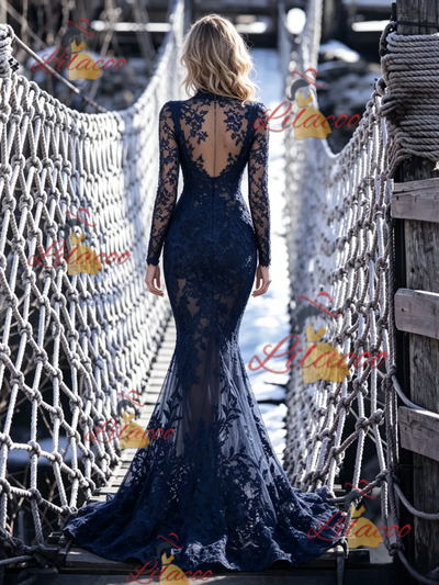 Sexy Navy Blue Mermaid Lace Prom Dress