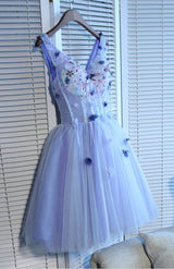 Blue Tulle V-Neck Flower Homecoming Dress