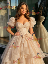 Champagne Sequins Puff Sleeve Quinceanera Dress