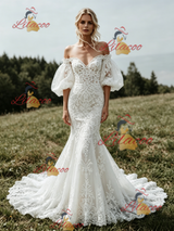 White Mermaid Lace Puff Sleeve Wedding Dress