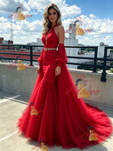 Red Mermaid Halter Tulle Prom Dress