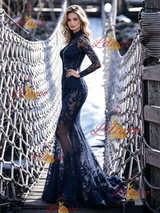Sexy Navy Blue Mermaid Lace Prom Dress