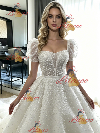 White Ball Gown Puff Sleeve Wedding Dress