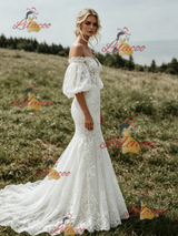 White Mermaid Lace Puff Sleeve Wedding Dress