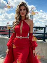 Red Mermaid Halter Tulle Prom Dress