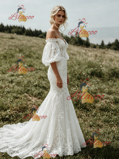 White Mermaid Lace Puff Sleeve Wedding Dress