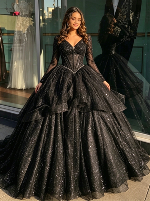Black V-neck Sequins Long Sleeve Quinceanera Dress