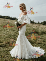 White Mermaid Lace Puff Sleeve Wedding Dress