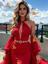 Red Mermaid Halter Tulle Prom Dress