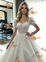 White Ball Gown Puff Sleeve Wedding Dress