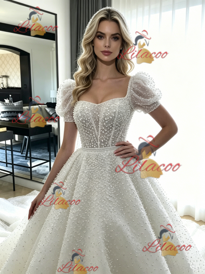 White Ball Gown Puff Sleeve Wedding Dress