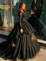 Black V-neck Sequins Long Sleeve Quinceanera Dress