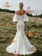 White Mermaid Lace Puff Sleeve Wedding Dress