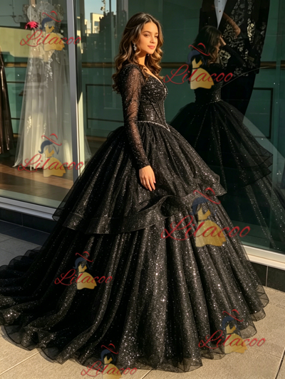 Black V-neck Sequins Long Sleeve Quinceanera Dress
