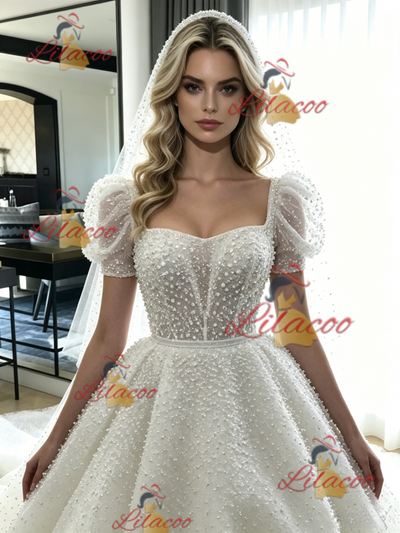 White Ball Gown Puff Sleeve Wedding Dress