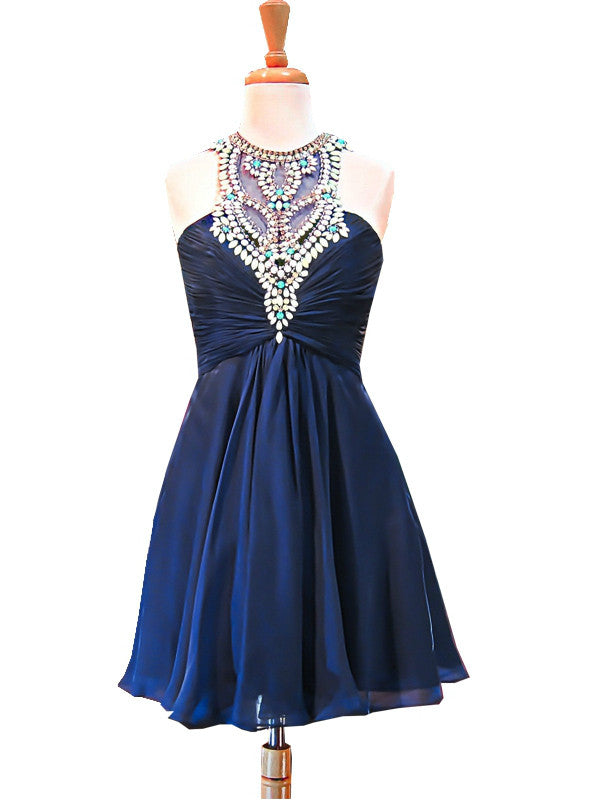 Navy Blue Chiffon Short Homecoming Dress
