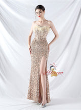 Mermaid Sequins Strapless Split Prom Dress