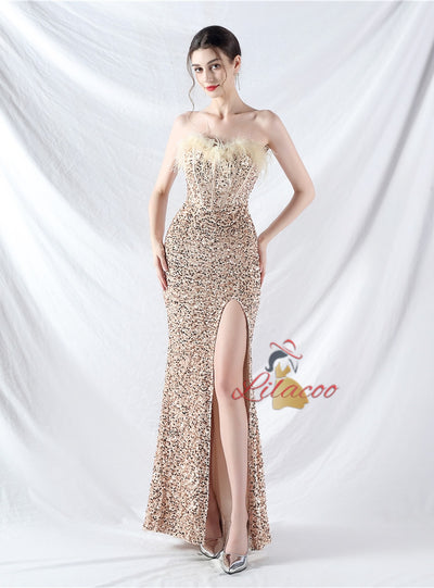 Mermaid Sequins Strapless Split Prom Dress