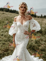 White Mermaid Lace Puff Sleeve Wedding Dress