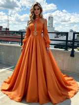 Orange Halter Long Sleeve Pleats Prom Dress