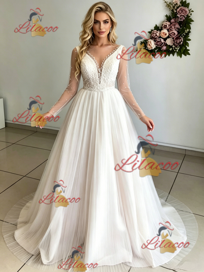 Long Sleeve V-neck Pleats Beading Wedding Dres