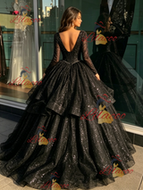 Black V-neck Sequins Long Sleeve Quinceanera Dress