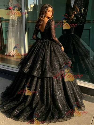 Black V-neck Sequins Long Sleeve Quinceanera Dress