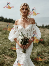White Mermaid Lace Puff Sleeve Wedding Dress