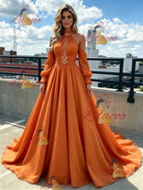 Orange Halter Long Sleeve Pleats Prom Dress