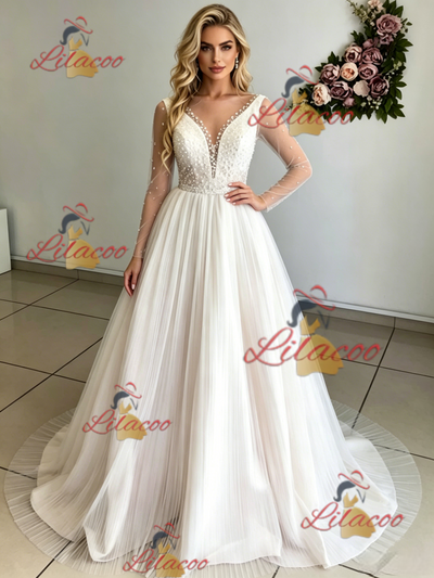 Long Sleeve V-neck Pleats Beading Wedding Dres
