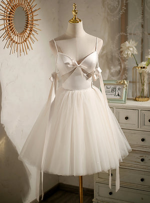 Ivory Tulle Satin Pearls Homecoming Dress
