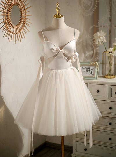 Ivory Tulle Satin Pearls Homecoming Dress