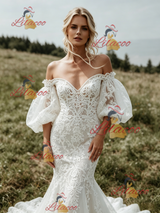 White Mermaid Lace Puff Sleeve Wedding Dress