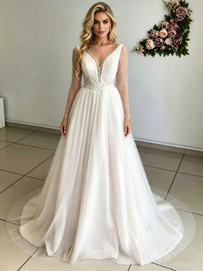 Long Sleeve V-neck Pleats Beading Wedding Dres