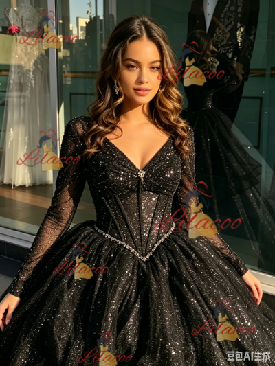 Black V-neck Sequins Long Sleeve Quinceanera Dress