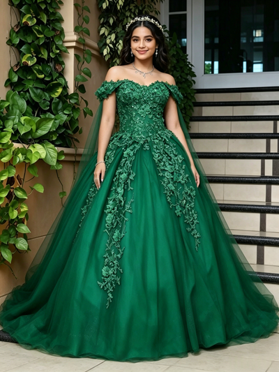 Green Tulle Off the Shoulder Appliques Quinceanera Dress