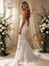White Mermaid Lace Spaghetti Straps Wedding Dress