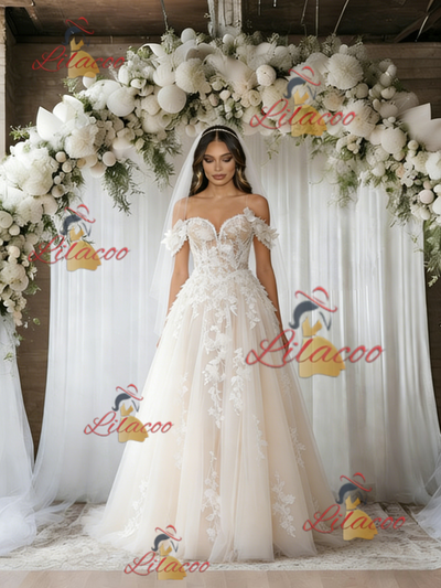 Beige White Lace Off the Shoulder Appliques Wedding Dress