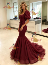 Burgundy Mermaid Tulle Puff Sleeve Prom Dress