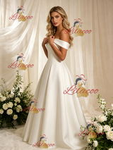 Beige White Satin Off the Shoulder Wedding Dress