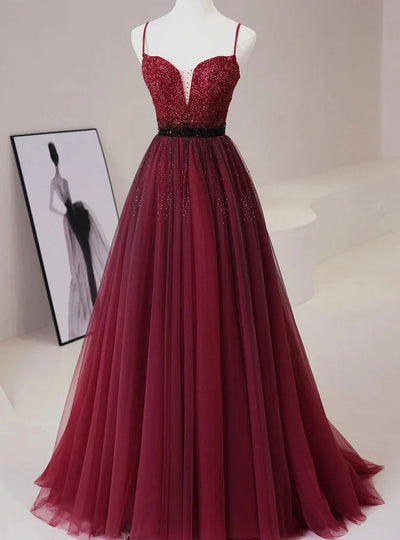 Burgundy Tulle Spaghetti Straps Prom Dress