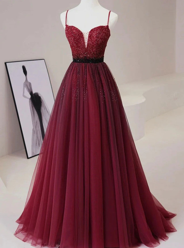 Burgundy Tulle Spaghetti Straps Prom Dress