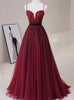 Burgundy Tulle Spaghetti Straps Prom Dress