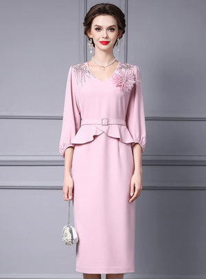 Pink V-neck Beading Flower Mother Of The Bride Dress