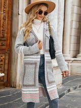 Hooded Plaid Knit Cardigan Striped Sweater