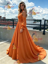 Orange Halter Long Sleeve Pleats Prom Dress