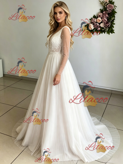 Long Sleeve V-neck Pleats Beading Wedding Dres