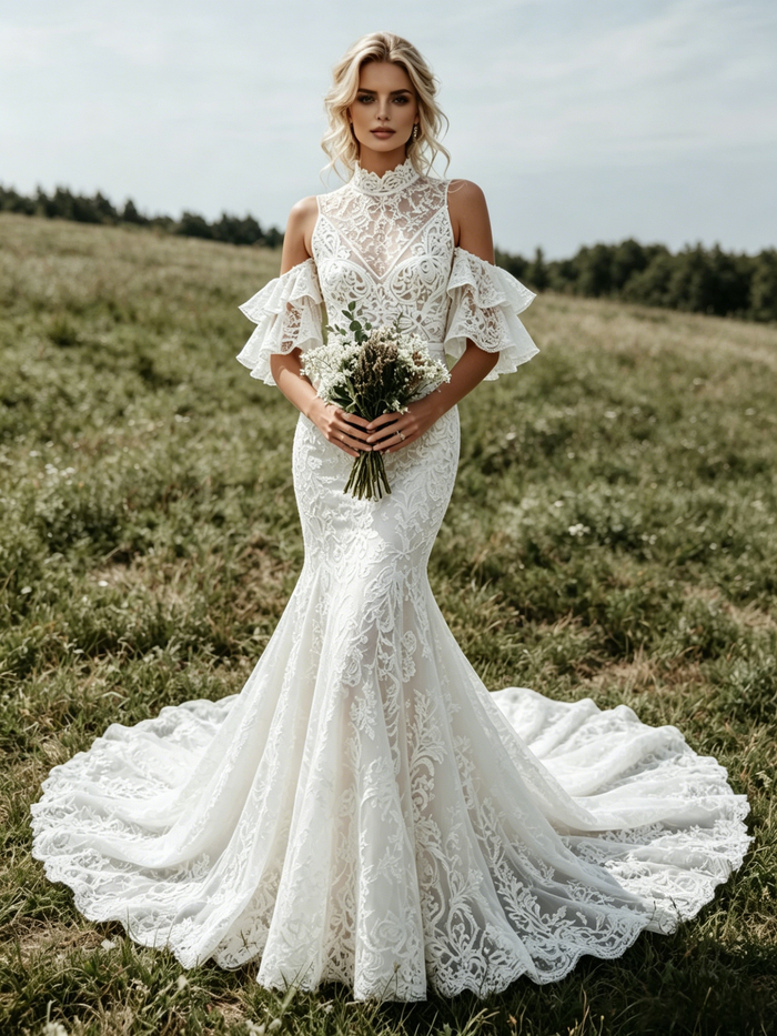 White Mermaid Lace High Neck Wedding Dress